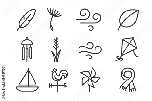 Whispering Wind Icons. Whispering winds. Line icon set of whispering winds: feather, dandelion seed, wind swirl, leaf, wind chime, reed grass, cloud wisps,