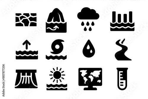 Climate Change Icons. Climate Change. Solid icon set of Climate Change: factory, smoke, car, oil barrel, dead tree, chemical spill, power plant, pipeline,