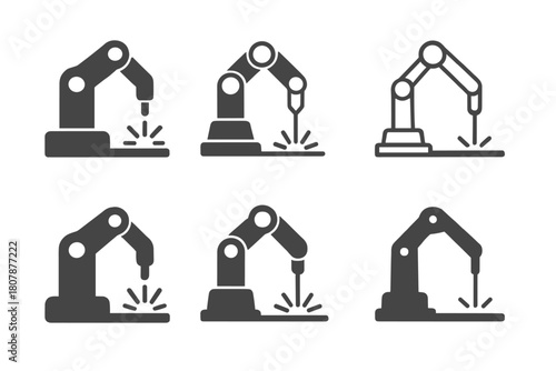 Cutting Machine Logos. Cutting machines. Icon set. Set Logo of cutting machines: CNC cutting head with spark effect. harmonious logo variations of the same