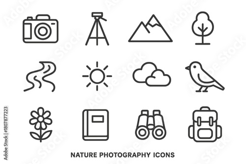 Nature Photography Icons. Nature photography. Line icon set of nature photography: camera, tripod, mountain, tree, river, sun, clouds, bird, flower, notebook,