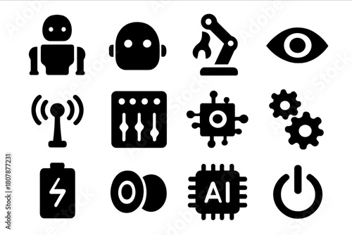 Black Robot Icon Set. Robot. Solid icon set of Robot: humanoid robot, robot head, robotic arm, sensor eye, antenna, control panel, circuit core, gear