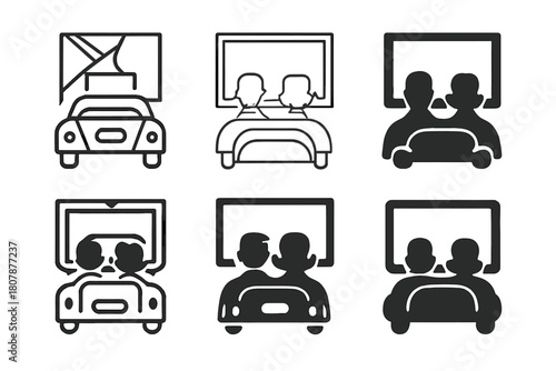 Retro Couple Logos. Retro couple. Icon set. Set Logo of retro couple: couple watching a drive-in movie. harmonious logo variations of the same emblematic
