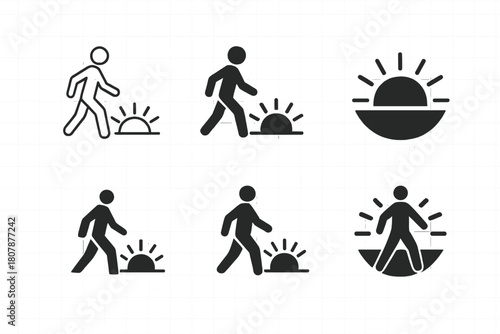 Migrant Rights Logos. Migrant rights. Icon set. Set Logo of Migrant Rights: open door leading to a brighter horizon. harmonious logo variations of the same