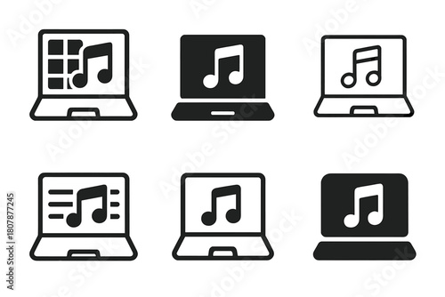 Tech-Music Icons. The impact of technology on music. Icon set. Set Logo of The impact of technology on music: Earbuds. harmonious logo variations of the same