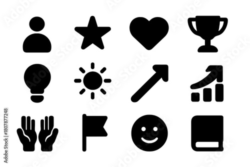 Confidence Icons Grid. Confidence building. Solid icon set of confidence building: person, star, heart, trophy, lightbulb, sun, arrow up, chart, hands up,