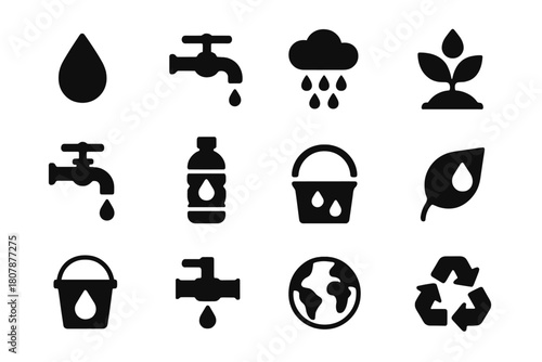 Sustainable Water Icons. Sustainable water use. Solid icon set of Sustainable water use: water droplet, faucet, rain cloud, plant, water tap, water bottle,