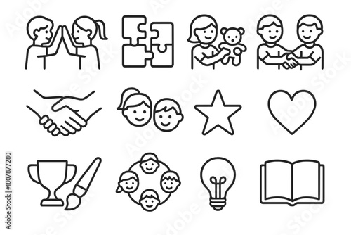 Children Teamwork Icons. Children teamwork. Line icon set of children teamwork: kids high-fiving, puzzle pieces, shared toy, handshake, smiling faces, star,