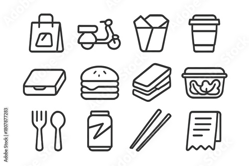 Food Delivery Icons. Takeout and delivery. Solid icon set of Takeout and delivery: food box, paper bag, scooter, tray, phone order, map pin, delivery person,