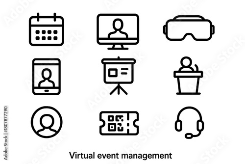 Virtual Event Icons. Virtual events. Icon set. Set Logo of virtual events: online audience icons. harmonious logo variations of the same emblematic concept,