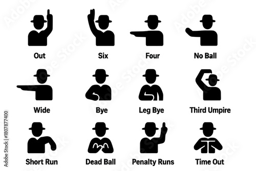 Umpire Signal Icons. Umpire Signals. Solid icon set of Umpire Signals: out signal, six signal, four signal, no ball signal, wide ball signal, bye signal, leg