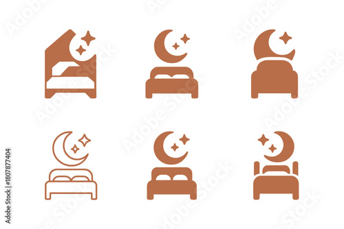 Peaceful Bedroom Logos. A peaceful bedroom with soft, calming colors and scents. Icon set. Set Logo of peaceful bedroom: minimalist nightstand with candle and