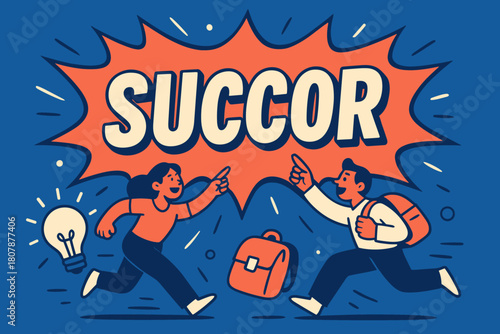 Dynamic Succor Banner. Prompt Succor banner, flat vector illustration, bold oversized text inside splash explosion banner, cartoon characters running and