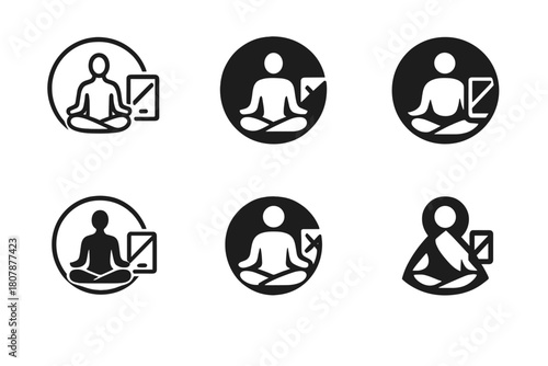 Digital Detox Logos. Digital detox and mindfulness practices. Icon set. Set Logo of digital detox and mindfulness practices: circular symbol merging meditation