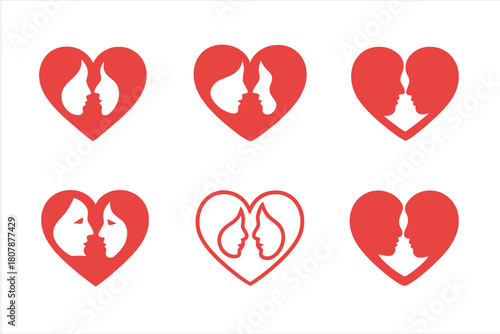 Heartfelt Logo Variations. Love. Icon set. Set Logo of Love: two faces forming a heart shape. harmonious logo variations of the same emblematic concept, each
