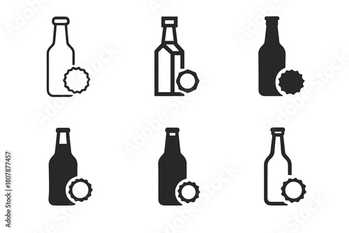 Alcoholic Logos Collection. Alcoholic Beverages. Icon set. Set Logo of Alcoholic Drinks: beer bottle and cap. harmonious logo variations of the same emblematic