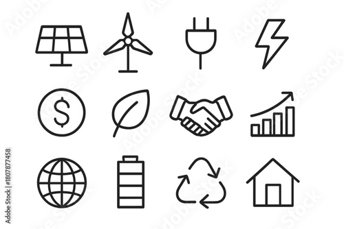Clean Energy Icons. Energy lab. Solid icon set of Energy lab: lab flask, microscope, test tube, battery, solar panel, wind turbine, leaf, lightbulb, gear,