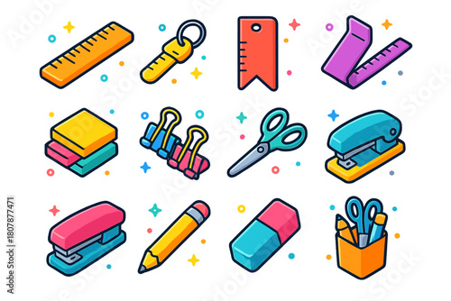Colorful Office Stationery Icons. Office stationery measuring. Colorful isometric vector icons set of Office stationery measuring: desk ruler, mini ruler
