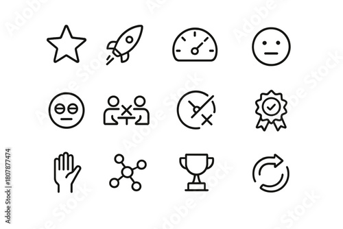 Workplace Engagement Icons. Workplace engagement spectrum. Line icon set of workplace engagement spectrum: engaged star, motivated rocket, steady dial, neutral