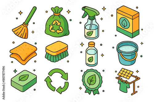 Eco-friendly Cleaning Icons. Eco-friendly cleaning. Colorful isometric vector icons set of Eco-friendly cleaning: bamboo broom, biodegradable trash bag,