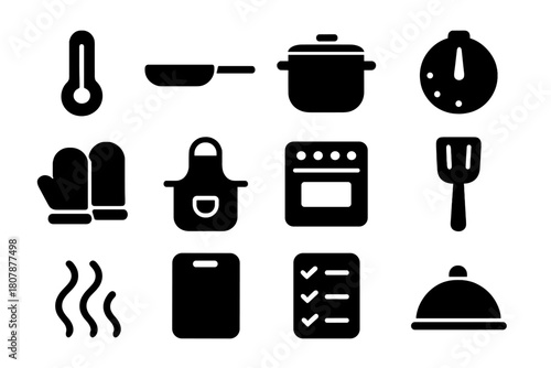 Safe Cooking Icons. Safe cooking. Solid icon set of safe cooking: thermometer, pan, pot, timer, gloves, apron, stove, spatula, steam, cutting board, checklist,
