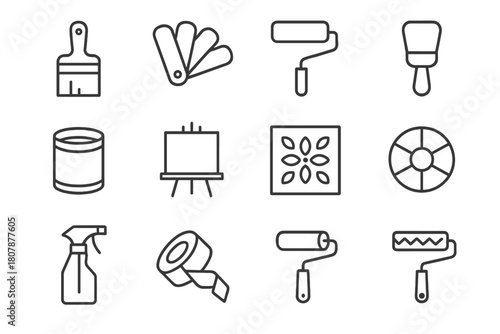 Painting Tools Icons. Painting and decorating. Solid icon set of painting and decorating: paintbrush, roller, bucket, palette, spray can, color wheel, pencil,