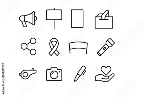 Activism Icon Set. Activism. Line icon set of activism: protest sign, megaphone, raised hand, banner, flag, heart, globe, people group, handshake, scales,