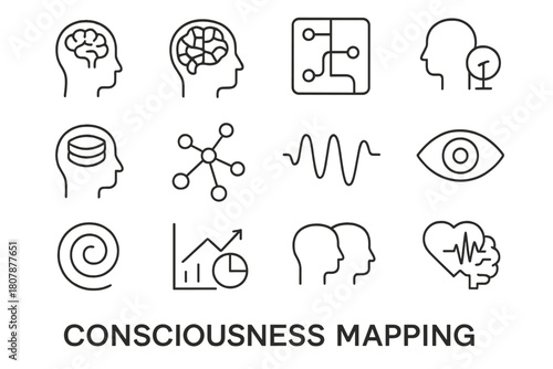 Consciousness Mapping Icons. Consciousness mapping. Line icon set of consciousness mapping: head silhouette, brain map, neural grid, consciousness scale,