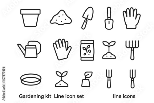 Gardening Tool Icons. Gardening kit. Line icon set of Gardening kit: plant pot, soil, trowel, shovel, watering can, gardening gloves, seeds packet, small rake,