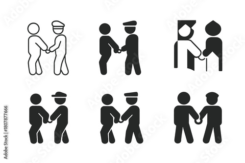 Arrest Scene Logos. Person Arrested on Suspicion of Crime. Icon set. Set Logo of Arrest Scene: police car and flashing lights. harmonious logo variations of