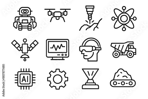 Futuristic Mining Icons. Futuristic Mining. Line icon set of Futuristic Mining: mining robot, drone, laser drill, energy core, satellite, control screen, smart