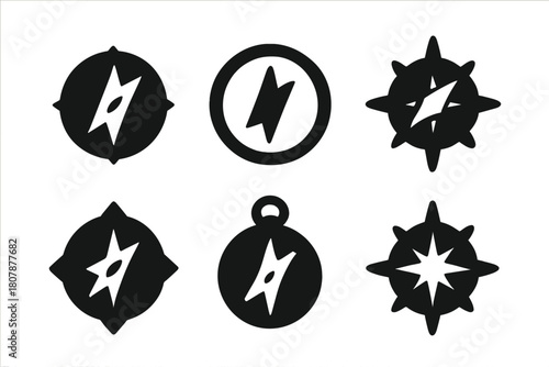 Compass Icon Set. Self-motivation. Icon set. Set Logo of Compass: Direction and purpose. Negative space, Minimal outline, Symmetrical form, Iconic shape,