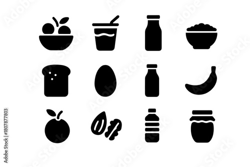 Healthy Breakfast Icons. Healthy breakfast. Line icon set of healthy breakfast: oatmeal bowl, apple, banana, honey jar, milk, toast, yogurt, spoon, orange