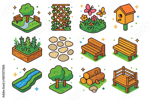 Biophilic Urban Icons. Biophilic urban design. Colorful isometric vector icons set of Biophilic urban design: pocket park, climbing plants trellis, bird nest