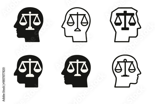 Mind Balance Logos. Duality of mind. Icon set. Set Logo of Duality of mind: Mind balance scales. harmonious logo variations of the same emblematic concept,