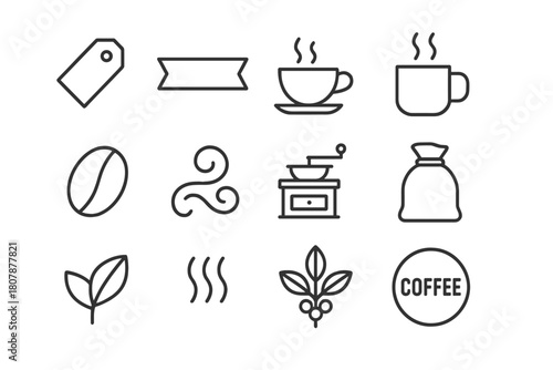Coffee Icon Set. Coffee shop design. Line icon set of coffee shop design: coffee cup, mug, coffee bean, steam, aroma swirl, leaf, grinder, sack, label tag,