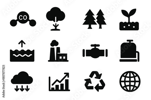 Carbon Sequestration Icons. Carbon sequestration. Solid icon set of Carbon sequestration: CO2 molecule, tree absorbing carbon, forest canopy, soil carbon
