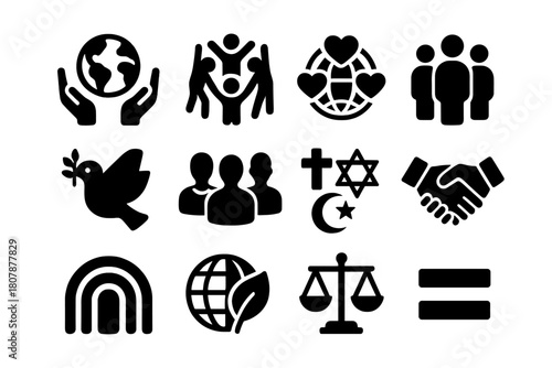 Cultural Diversity Icons. Cultural Diversity. Solid icon set of Cultural Diversity: world hands, unity circle, globe hearts, people silhouettes, peace dove,