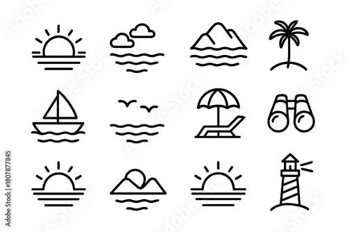 Sunset Icon Set. Sunset scenery. Line icon set of Sunset scenery: horizon, sun, clouds, ocean waves, palm tree, mountain, boat, birds, beach umbrella, deck
