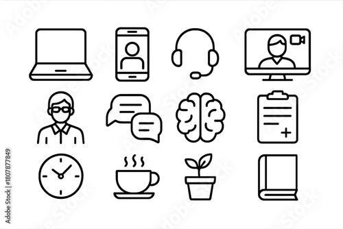 Online Therapy Icons. Online therapy. Line icon set of online therapy: laptop, smartphone, headset, video call, therapist, chat bubble, brain, clipboard,