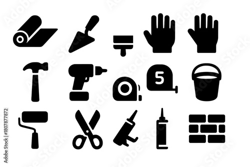 Waterproof Membrane Tools. Waterproof membrane installation. Solid icon set of waterproof membrane installation: membrane roll, trowel, brush, gloves, hammer,