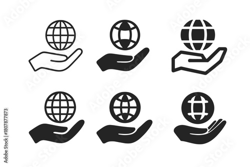 Migrant Rights Logo Set. Migrant rights. Icon set. Set Logo of Migrant Rights: open hand supporting a small globe. harmonious logo variations of the same