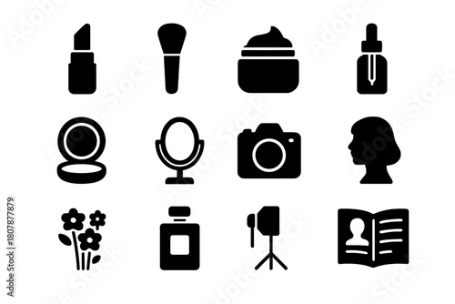 Product Icon Grid. Product Shoot. Solid icon set of Product Shoot: lipstick, makeup brush, face cream, serum bottle, compact powder, mirror, camera, model