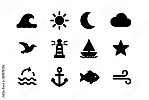 Ocean and Sky Icons. Sea and sky. Solid icon set of sea and sky: wave, sun, moon, cloud, bird, lighthouse, boat, star, tide, anchor, fish, wind. Filled icons