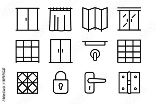 Room Divider Icons. Room dividers. Line icon set of room dividers: sliding panel, curtain, folding screen, wooden frame, glass door, rail, wheel, lock, wall,