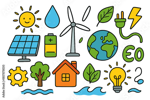 Colorful Renewable Energy Icons. Renewable Energy. Colorful Hand-drawn doodle Children illustration Renewable Energy solar panel, wind turbine, water droplet,