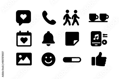 Everyday Check-ins Icons. Everyday Check-ins. Solid icon set of Everyday Check-ins: morning text, midday call, evening walk, coffee meetup, calendar heart,