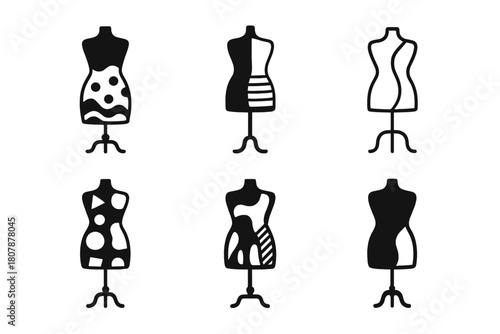 Fashion Diversity Icons. Diversity in fashion. Icon set. Set Logo of diversity in fashion: mannequin figures of various shapes and patterns. harmonious logo
