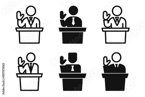 Courtroom Objection Icons. Lawyer Making Objections. Icon set. Set Logo of Courtroom Objection: lawyer at podium speaking. harmonious logo variations of the