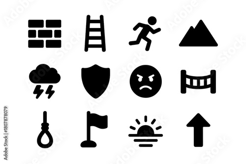 Overcoming Obstacles Icons. Overcoming obstacles. Solid icon set of Overcoming obstacles: wall, ladder, running person, mountain, storm cloud,