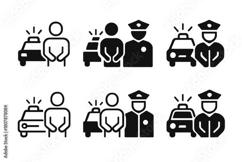 Arrest Scene Logos. Person Arrested on Suspicion of Crime. Icon set. Set Logo of Arrest Scene: police car and flashing lights. harmonious logo variations of